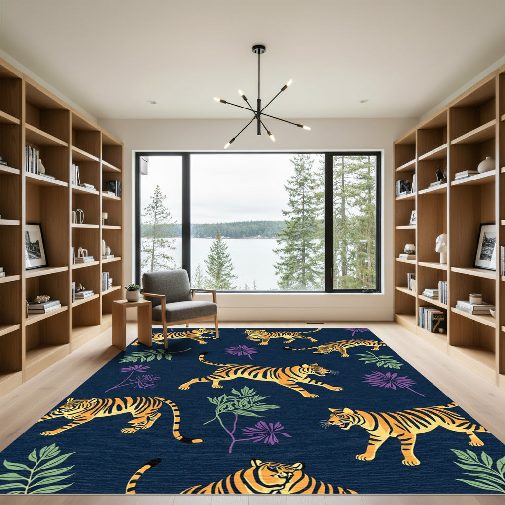 Savage Tigers Jungle Foliage Dark Rug