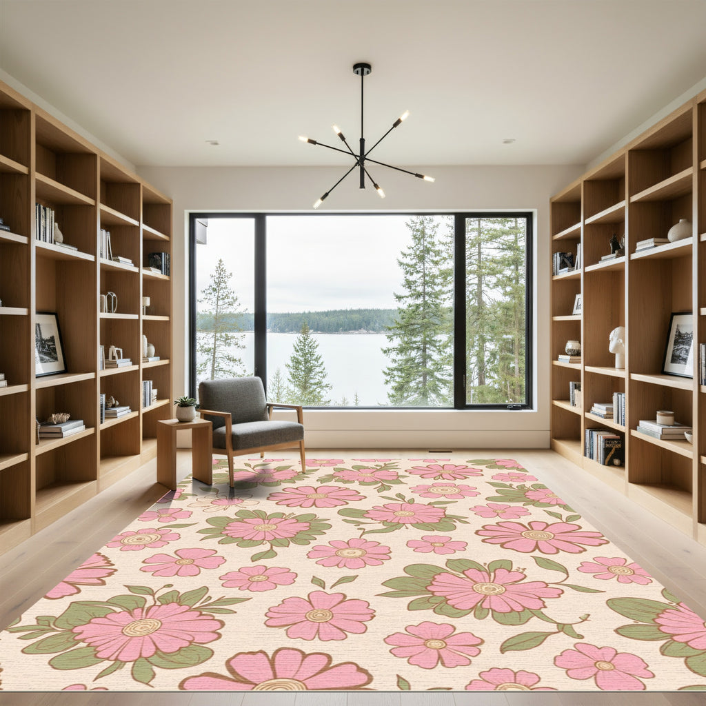 Pink Daisy Floral Garden Pattern Rug