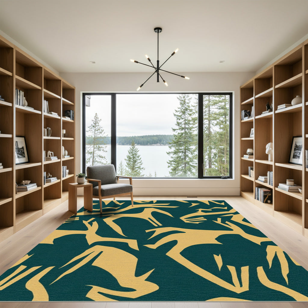 Deep Teal Golden Abstract Animal Forms Rug