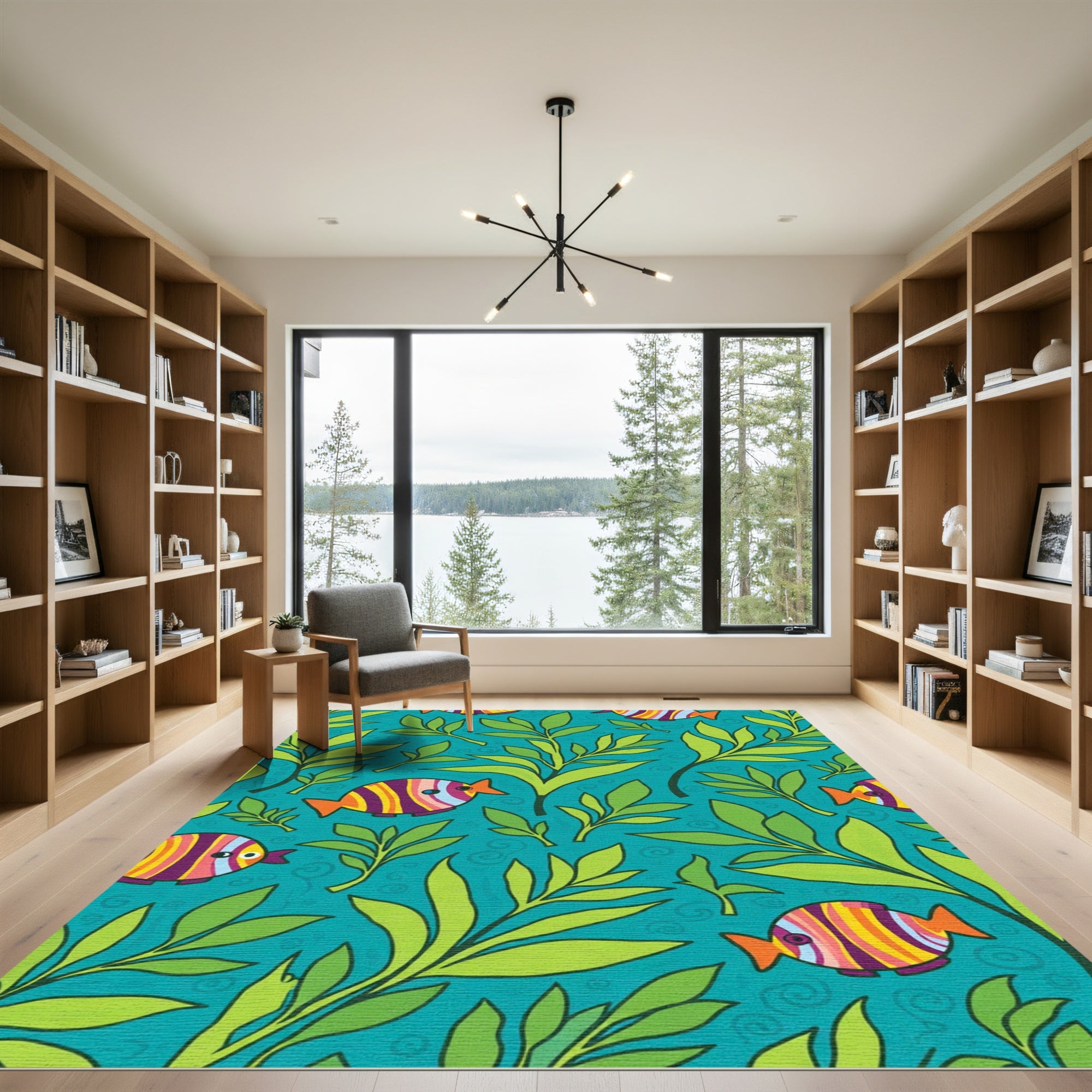 Whimsical Striped Fish Foliage Teal Rug