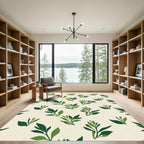 Green Leafy Branches on Cream Field Rug