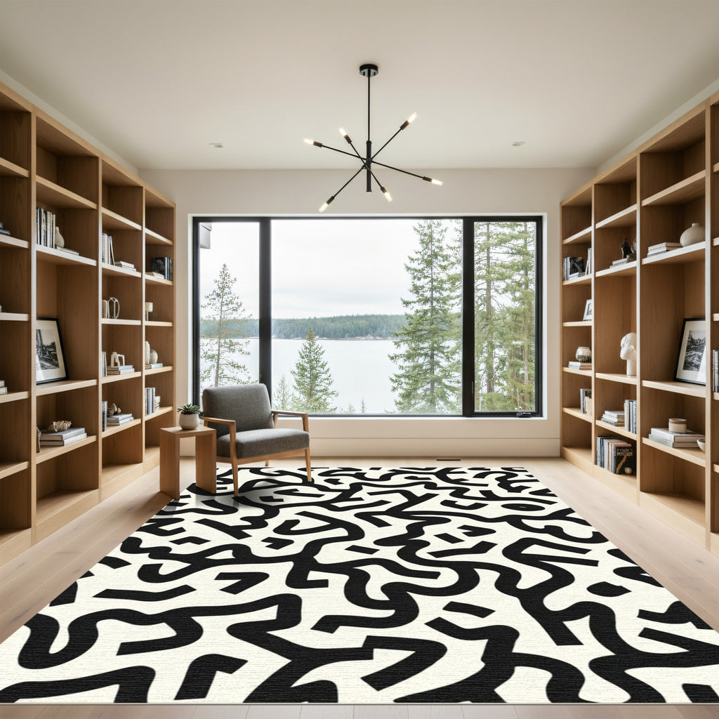 Black White Abstract Maze Rug