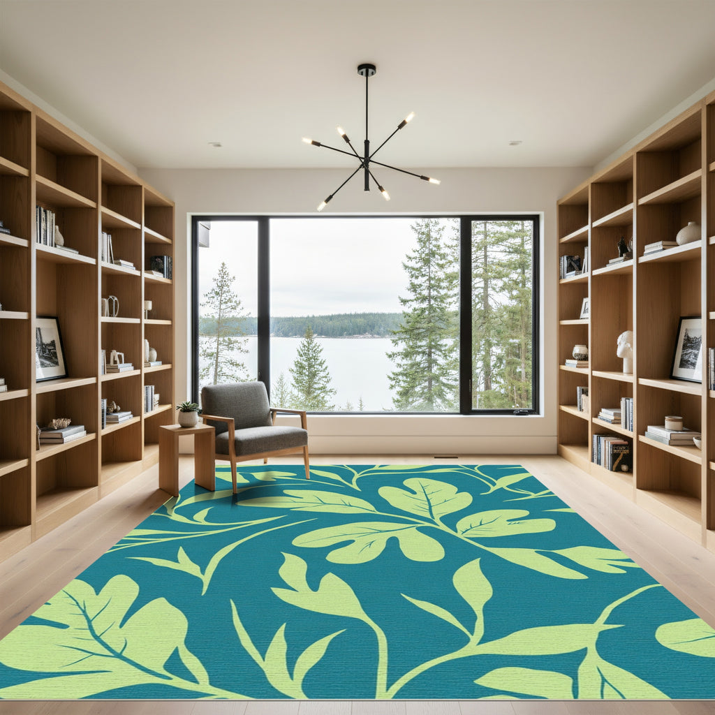 Teal Light Green Leafy Vine Rug