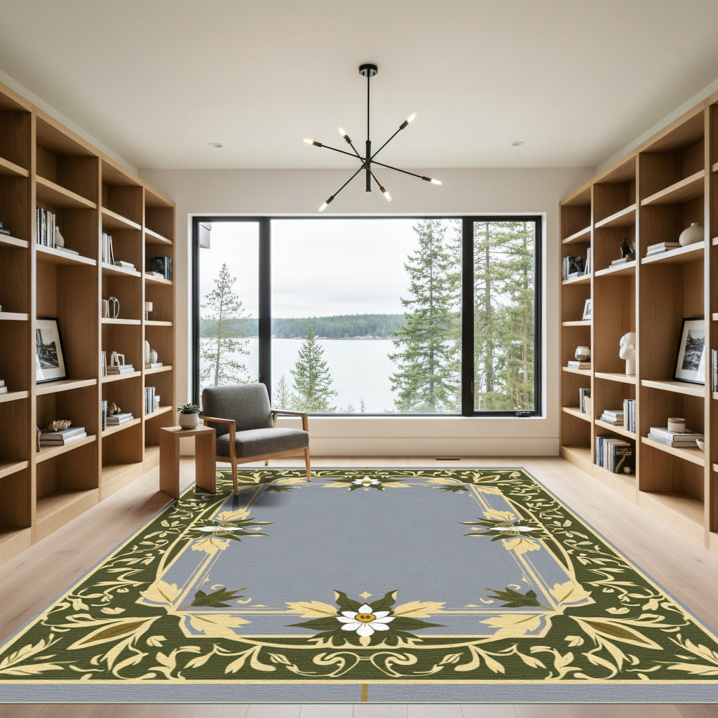 Green White Floral Bordered Art Rug