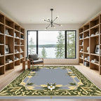Green White Floral Bordered Art Rug