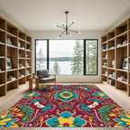 Rich Crimson Teal Floral Medallion Rug