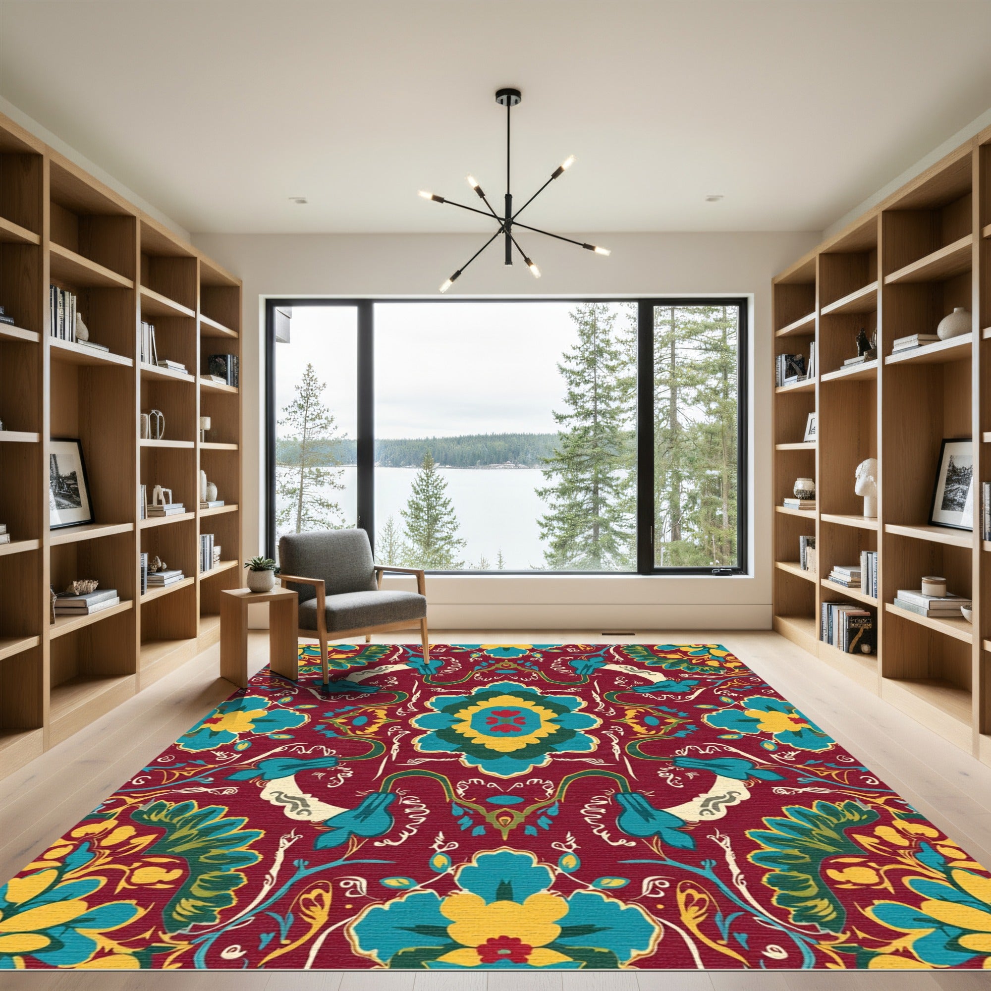 Rich Crimson Teal Floral Medallion Rug
