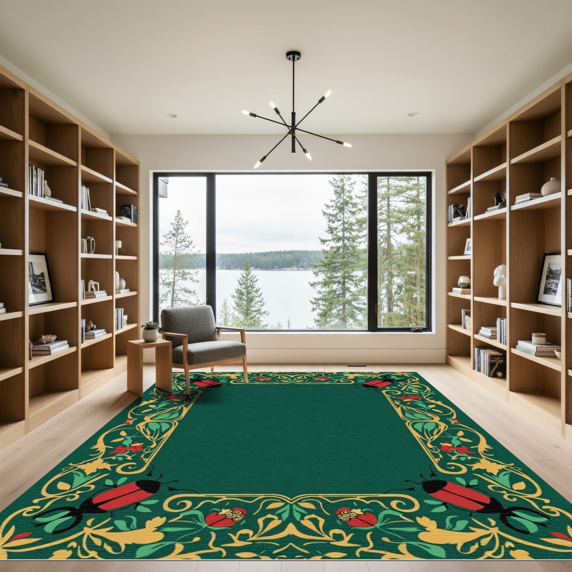 Red Beetle Golden Floral Border Rug