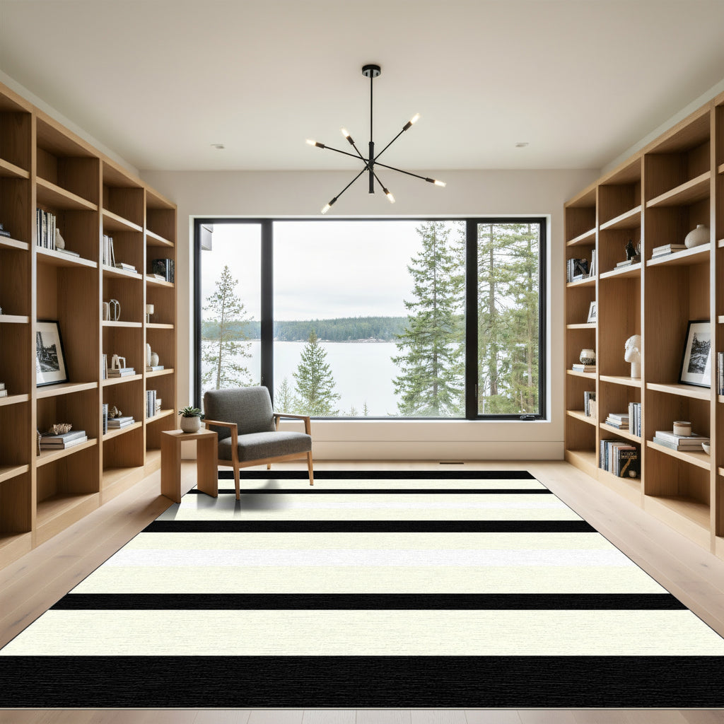 Bold Black Cream Horizontal Stripe Rug