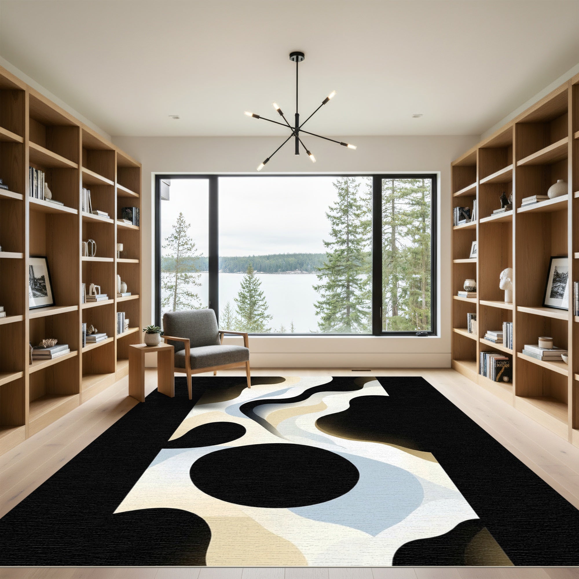 Abstract Flowing Organic Ivory Black Rug