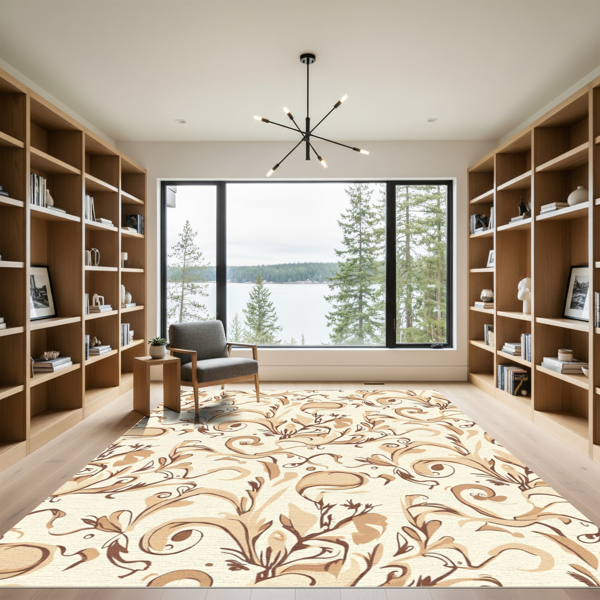 Brown Floral Swirl Watercolor Rug