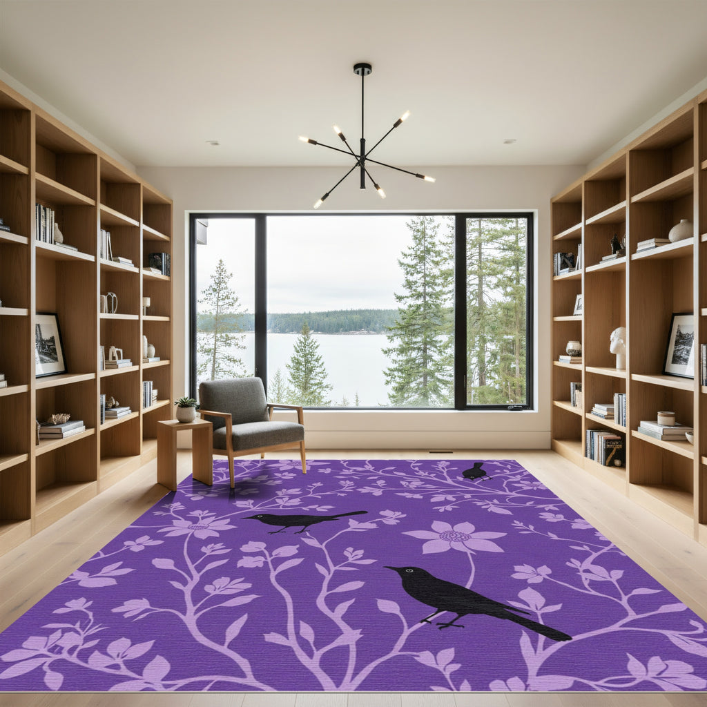 Purple Floral Bird Silhouette Rug