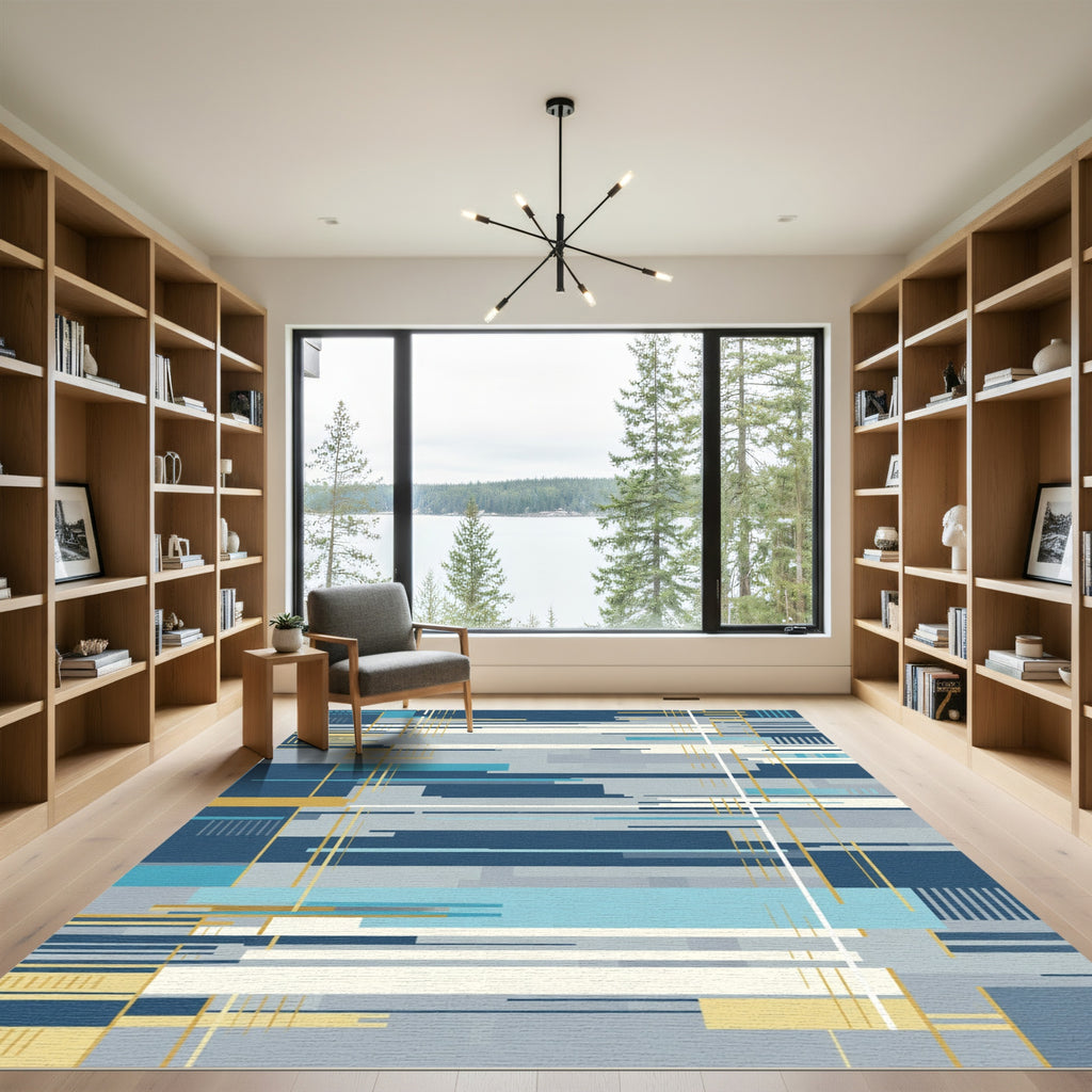 Modern Blue Gold Geometric Stripe Rug