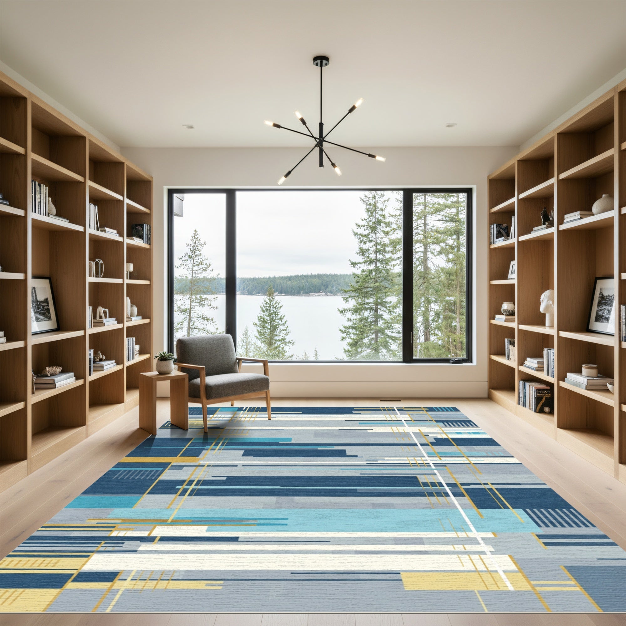 Modern Blue Gold Geometric Stripe Rug
