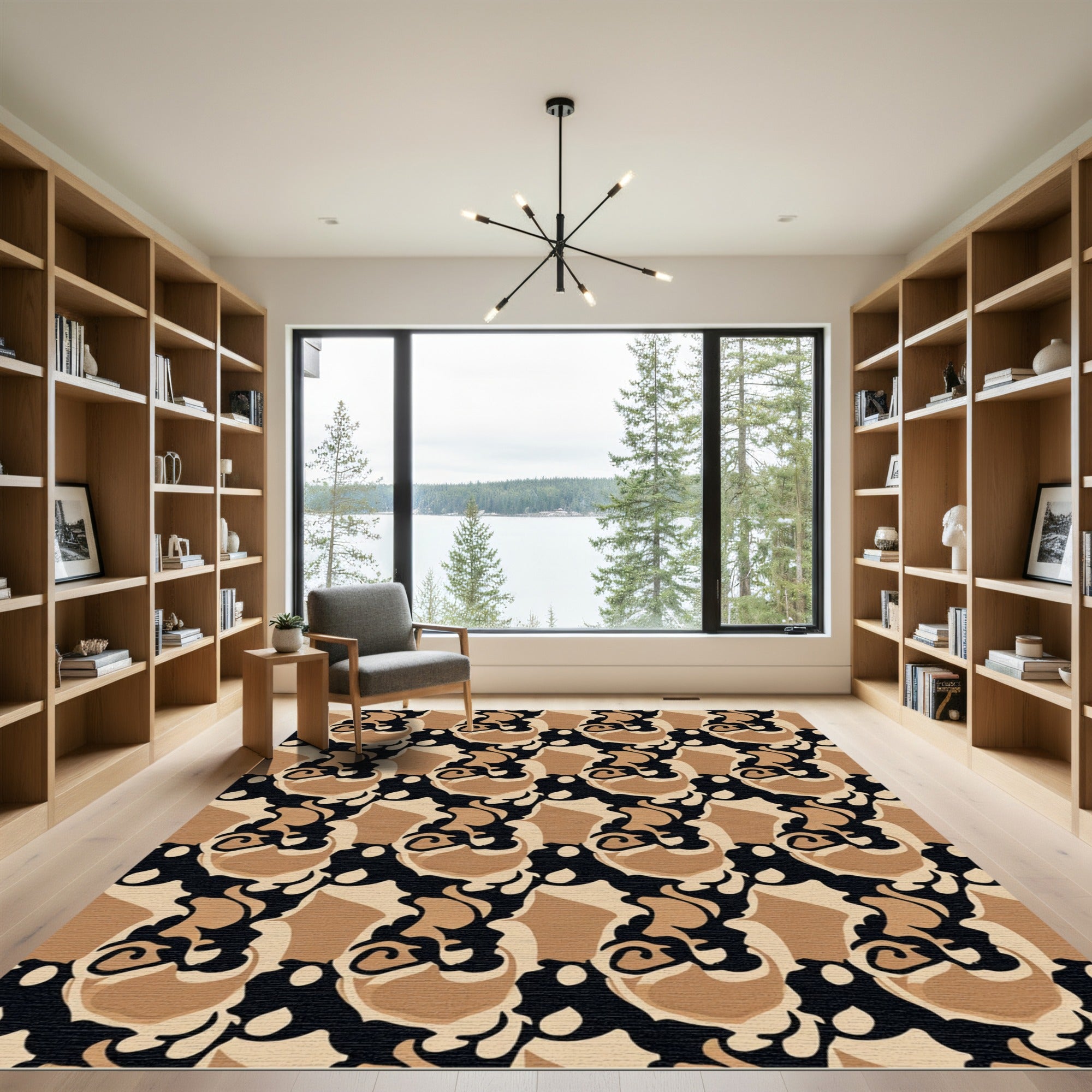 Abstract Black Tan Swirl Stripe Rug