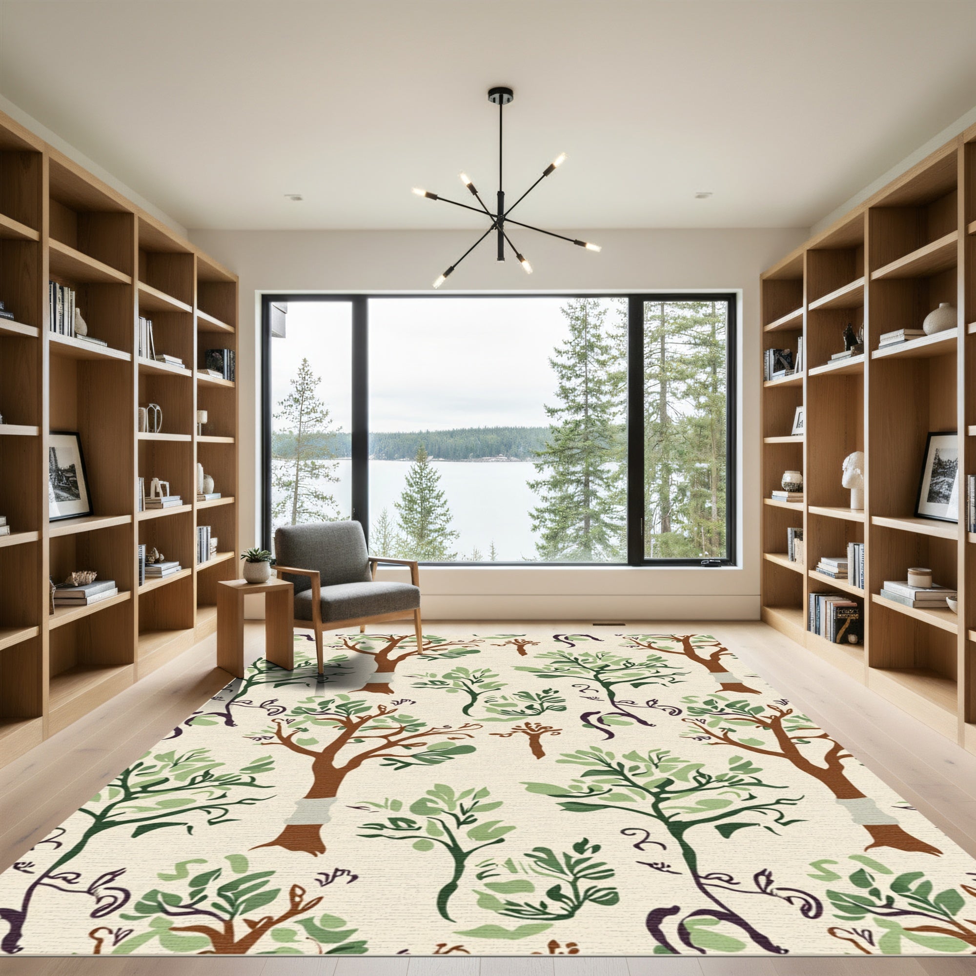 Woodland Emerald Leaf Tree Arrangement Rug