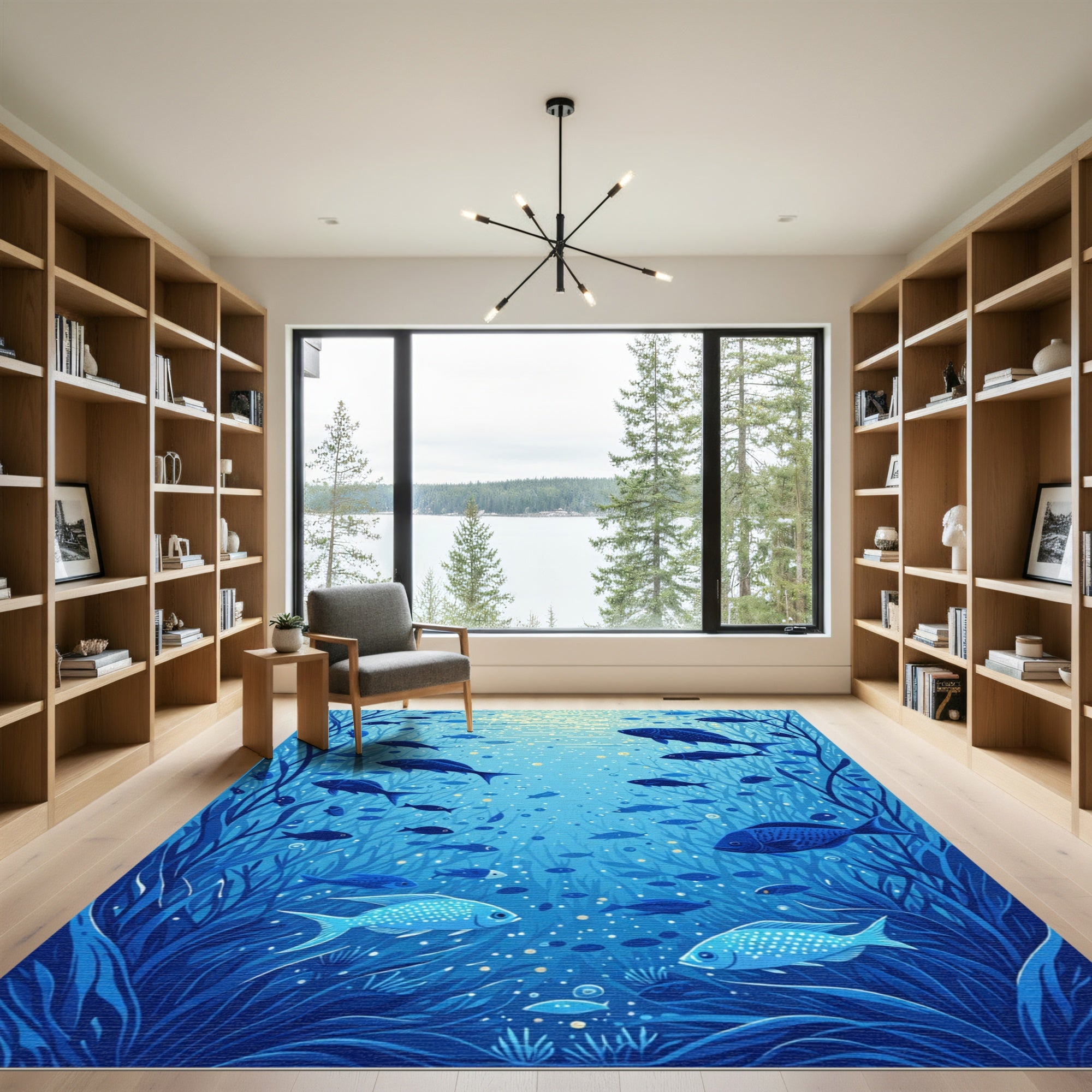 Deep Blue Oceanic Fish shoal Rug