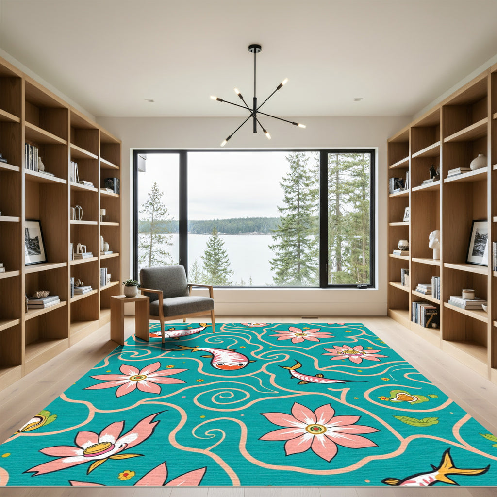 Whimsical Pink Koi Floral Teal Swirl Rug