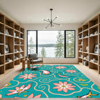 Whimsical Pink Koi Floral Teal Swirl Rug