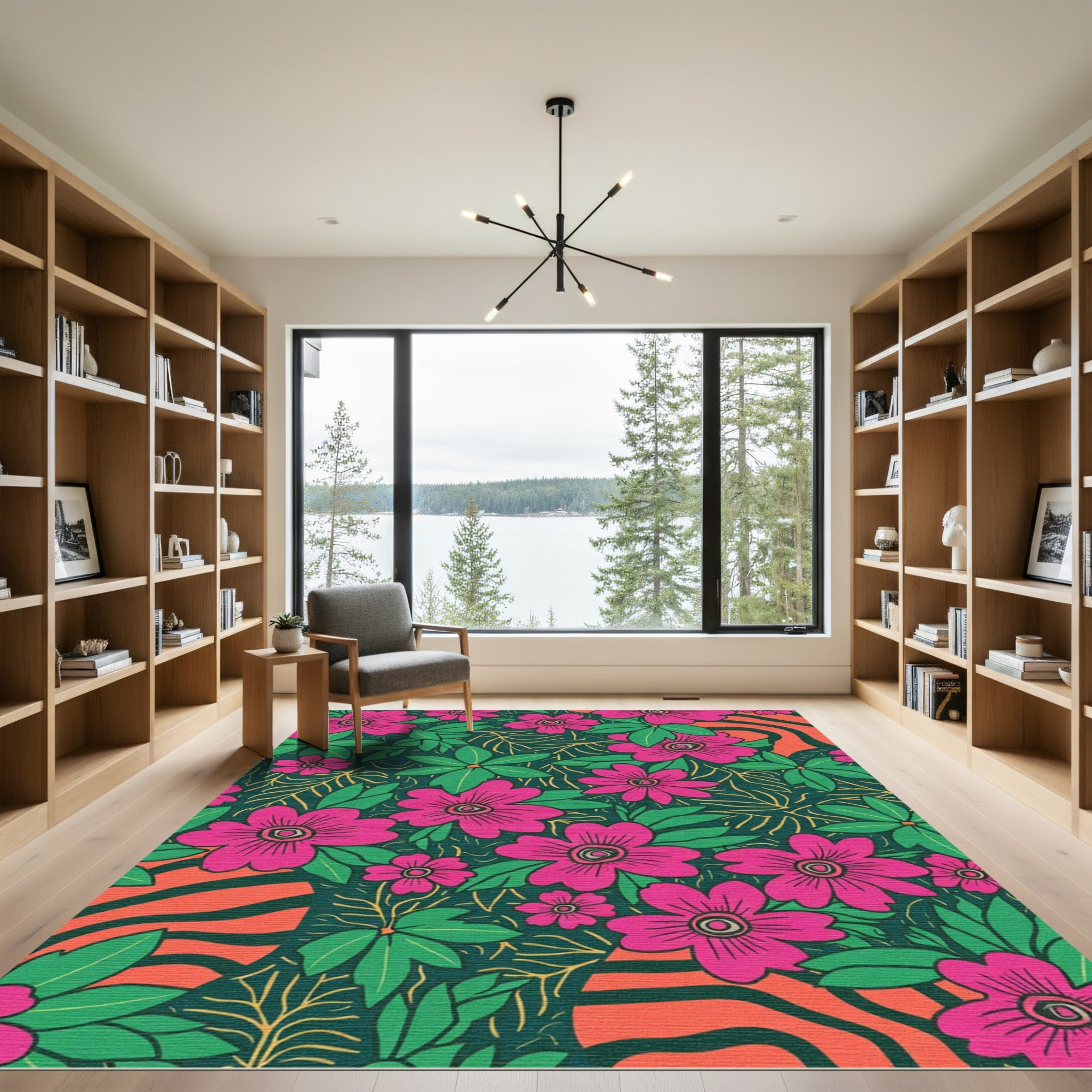 Vibrant Pink Floral Green Foliage Rug