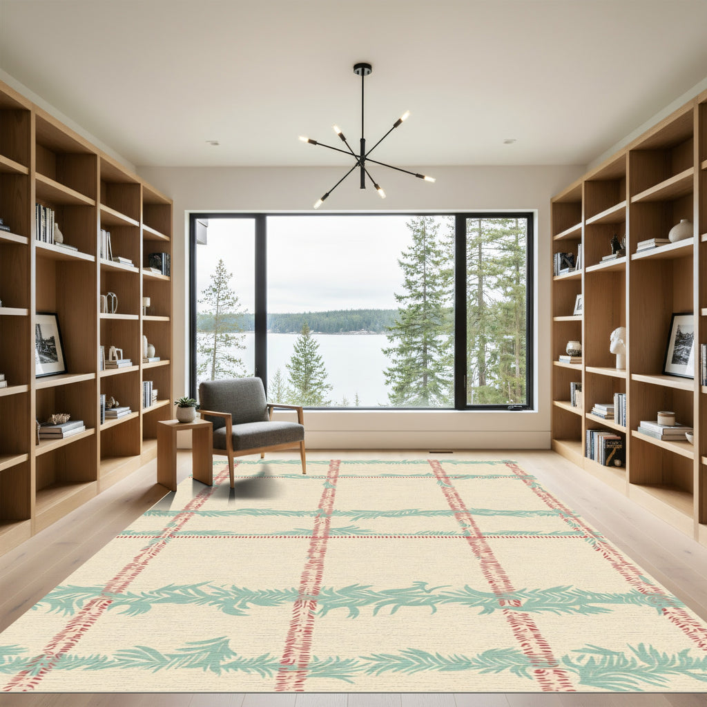 Cream Red Teal Fern Plaid Rug