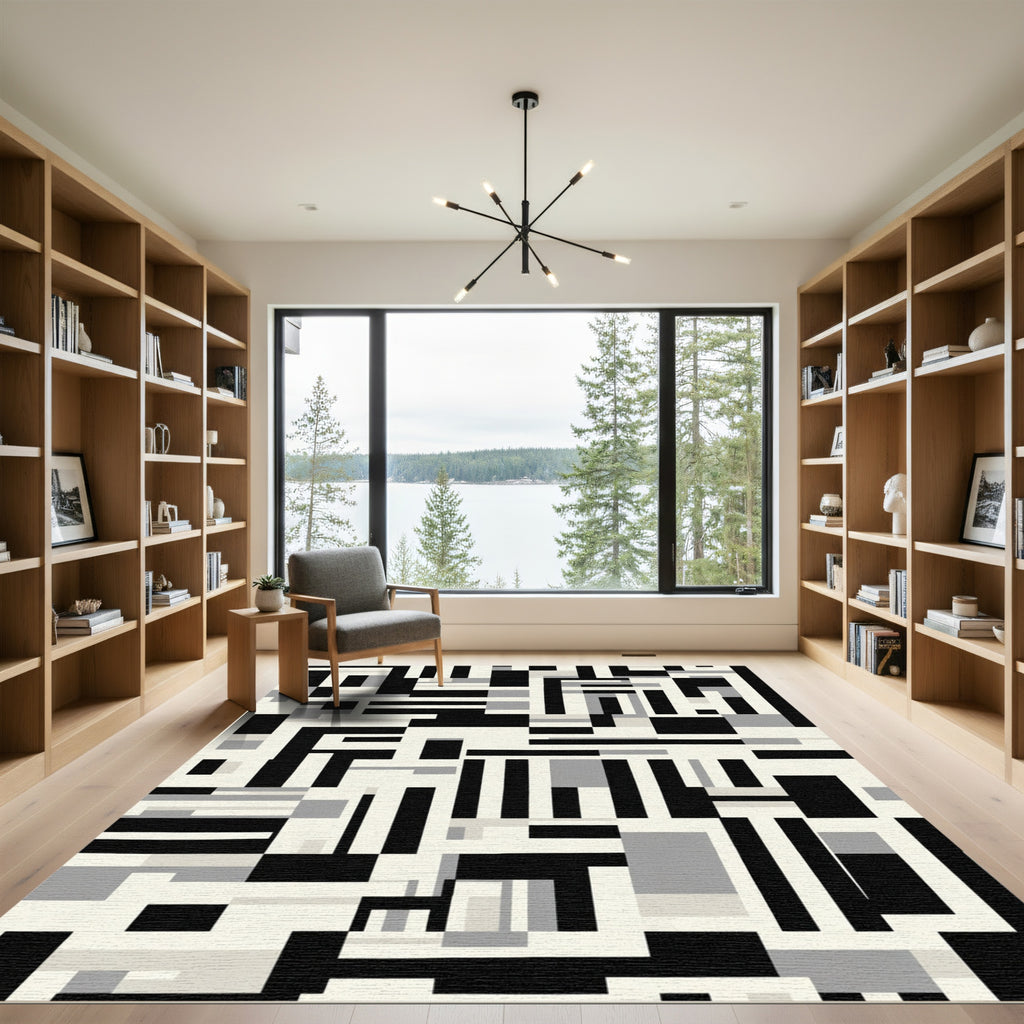 Modern Black Gray Geometric Blocks Rug