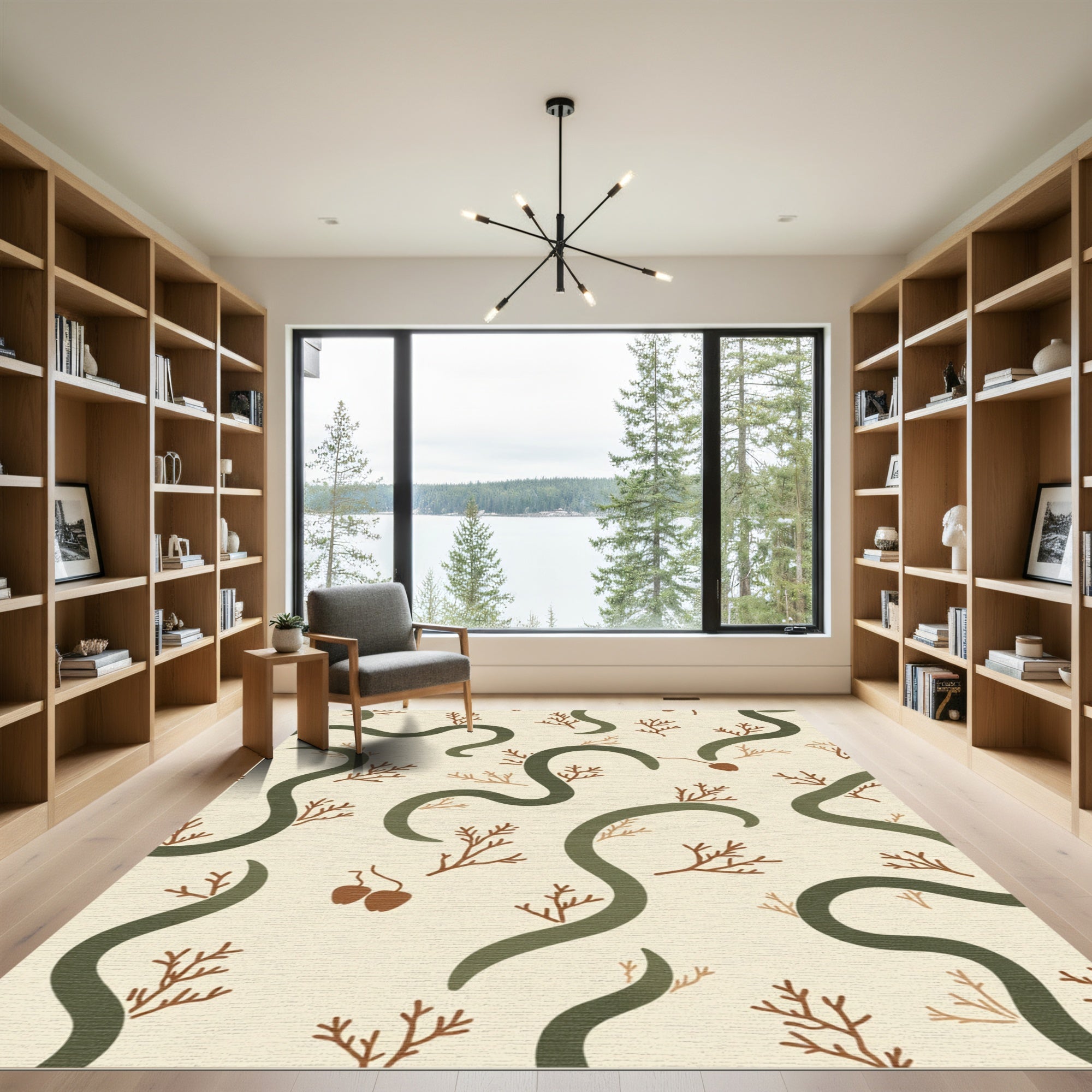 Olive Green Vine Branches Cream Accent Rug