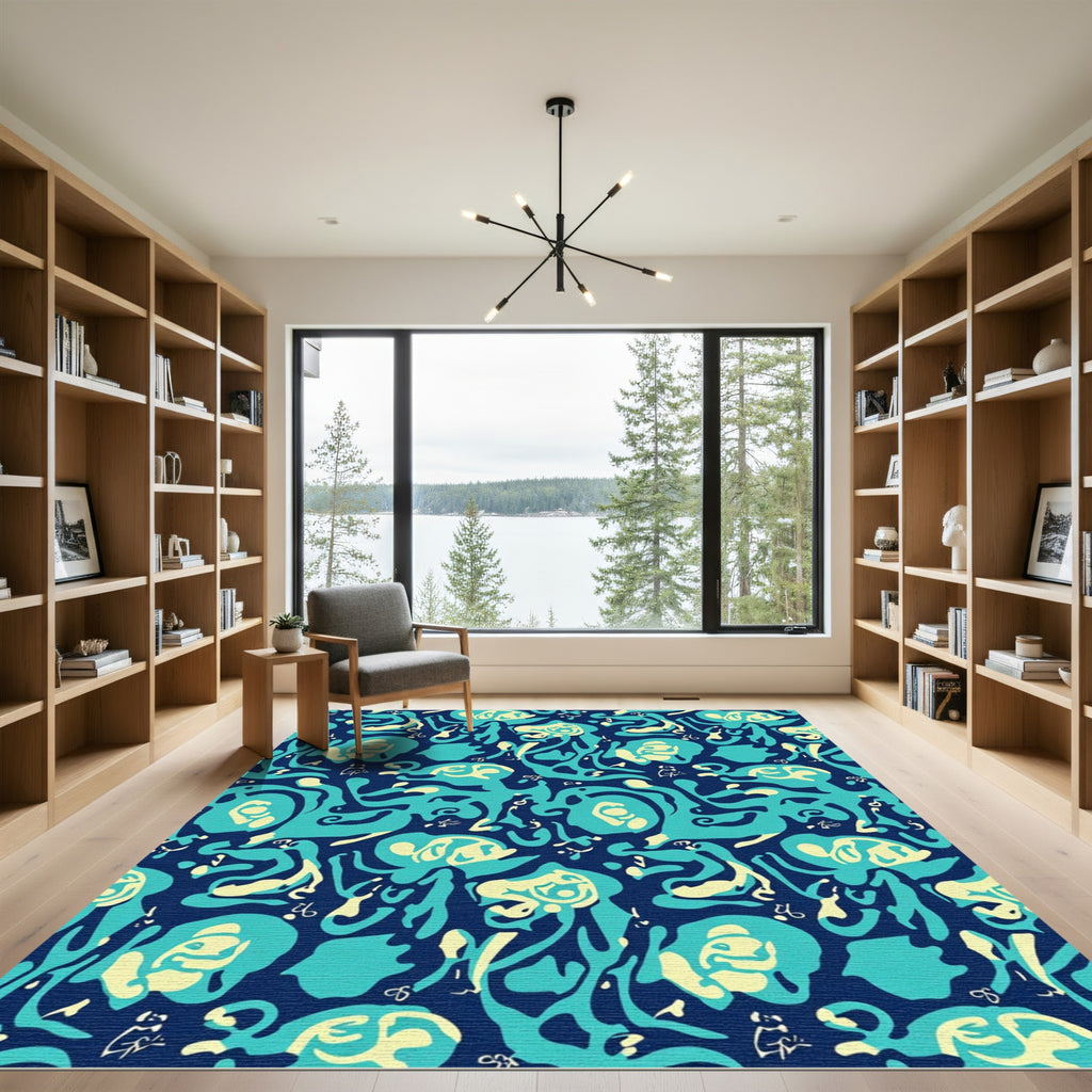 Abstract Teal Cream Organic Flow Rug