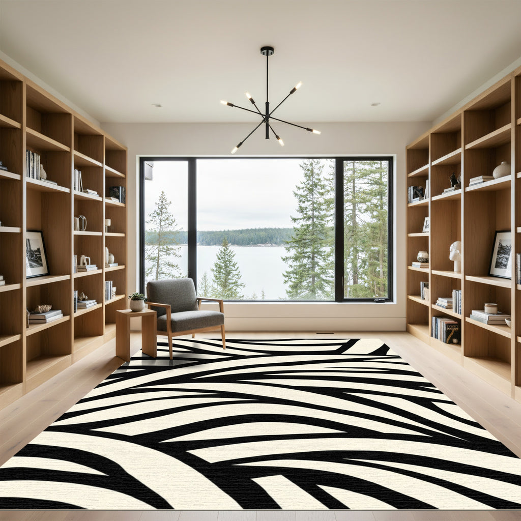 Cream Black Wavy Stripes Rug