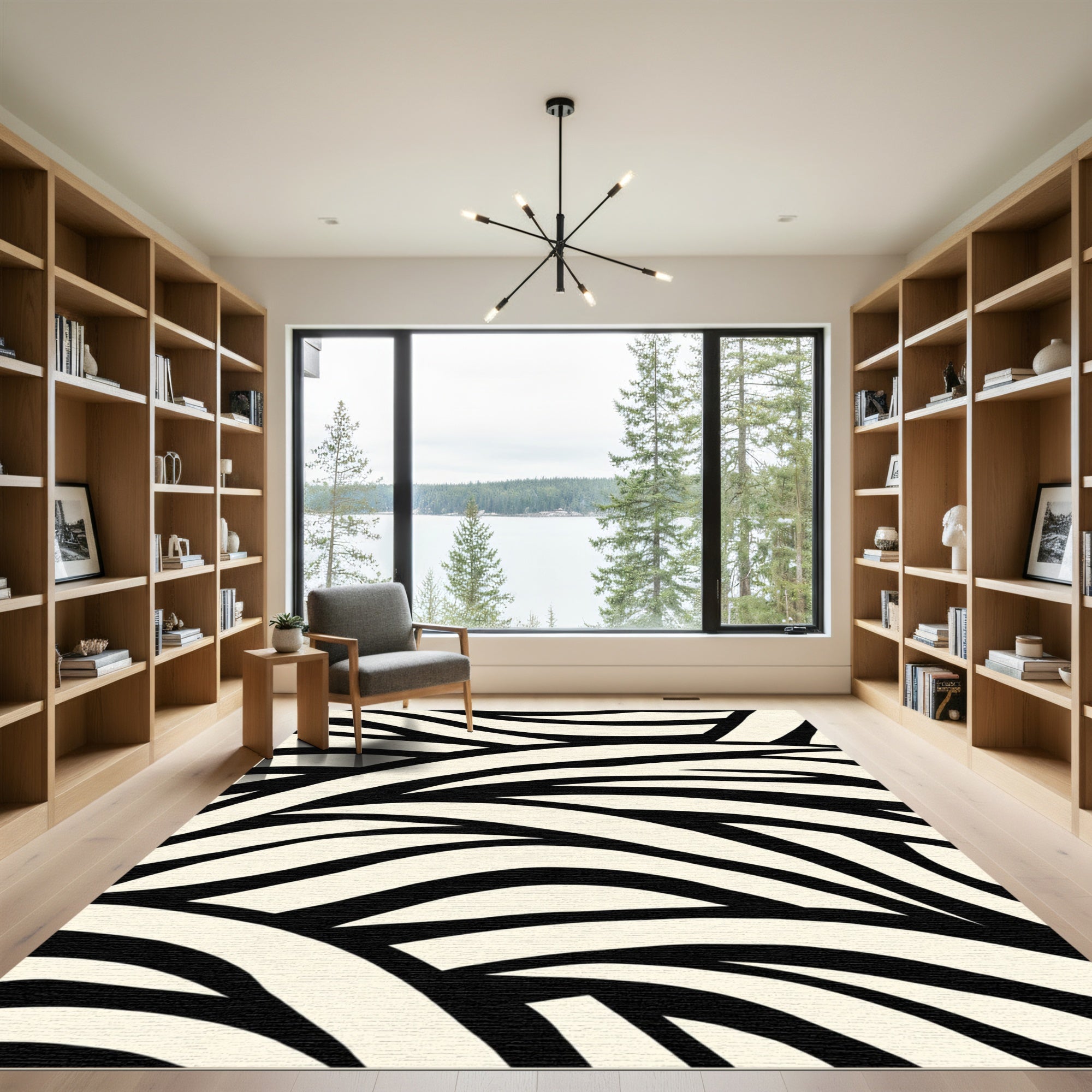 Cream Black Wavy Stripes Rug