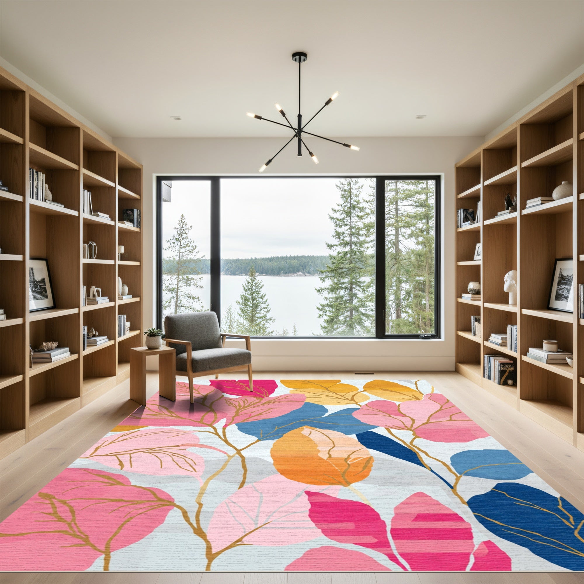 Vibrant Pink Blue Gold Leafy Canopy Rug