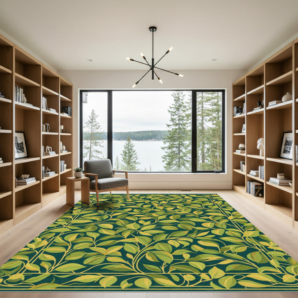 Green Leafy Botanical Garden Border Rug