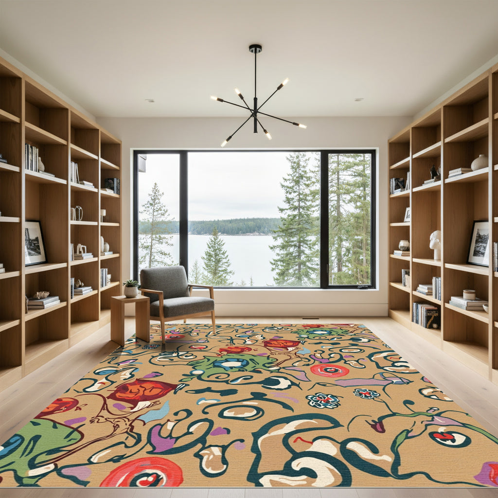 Abstract Crimson Floral Swirls Rug