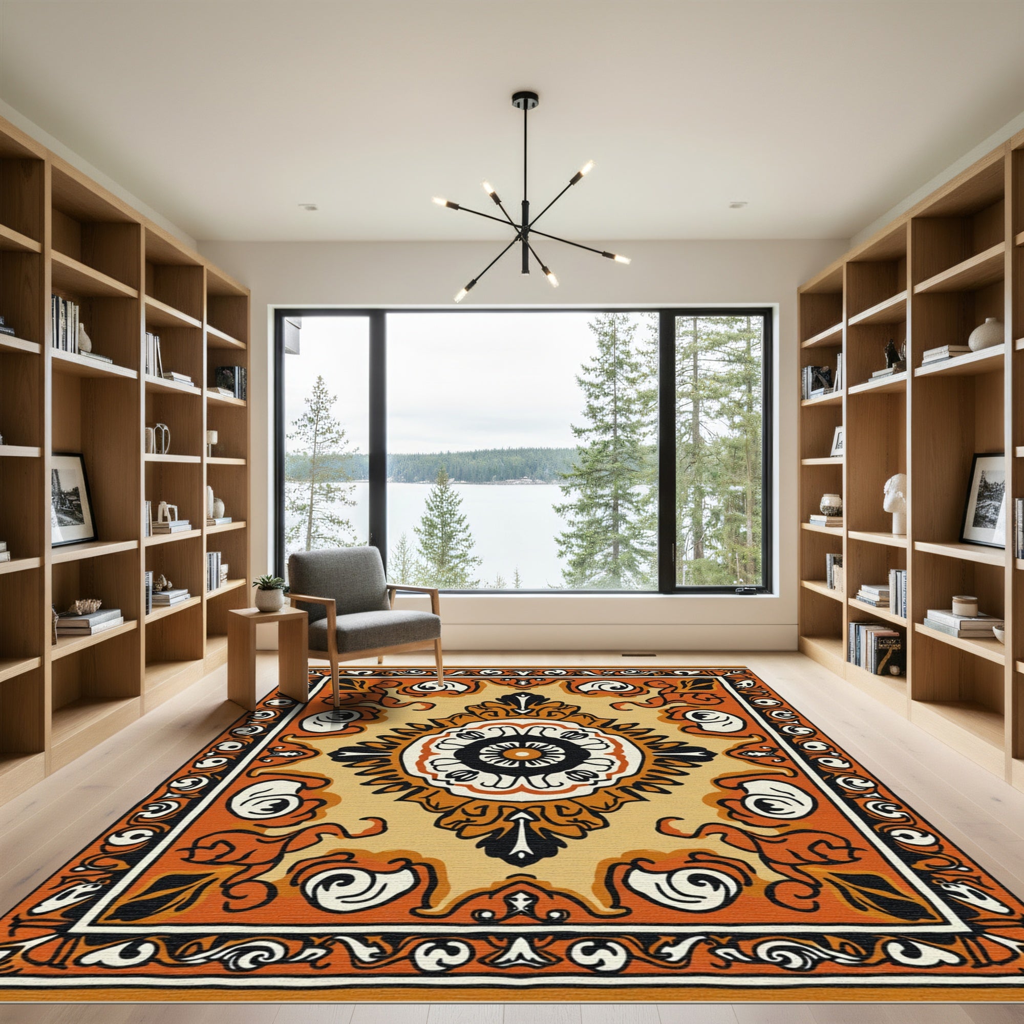 Bold Orange Floral Medallion Rug