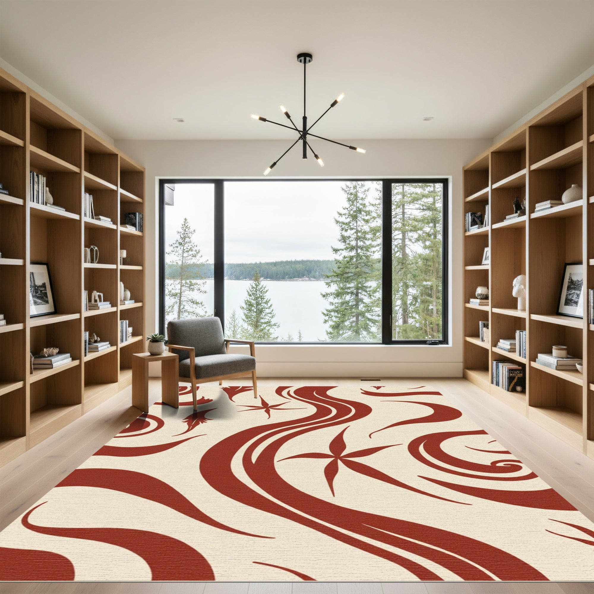 Crimson Floral Star Wave Rag Rug