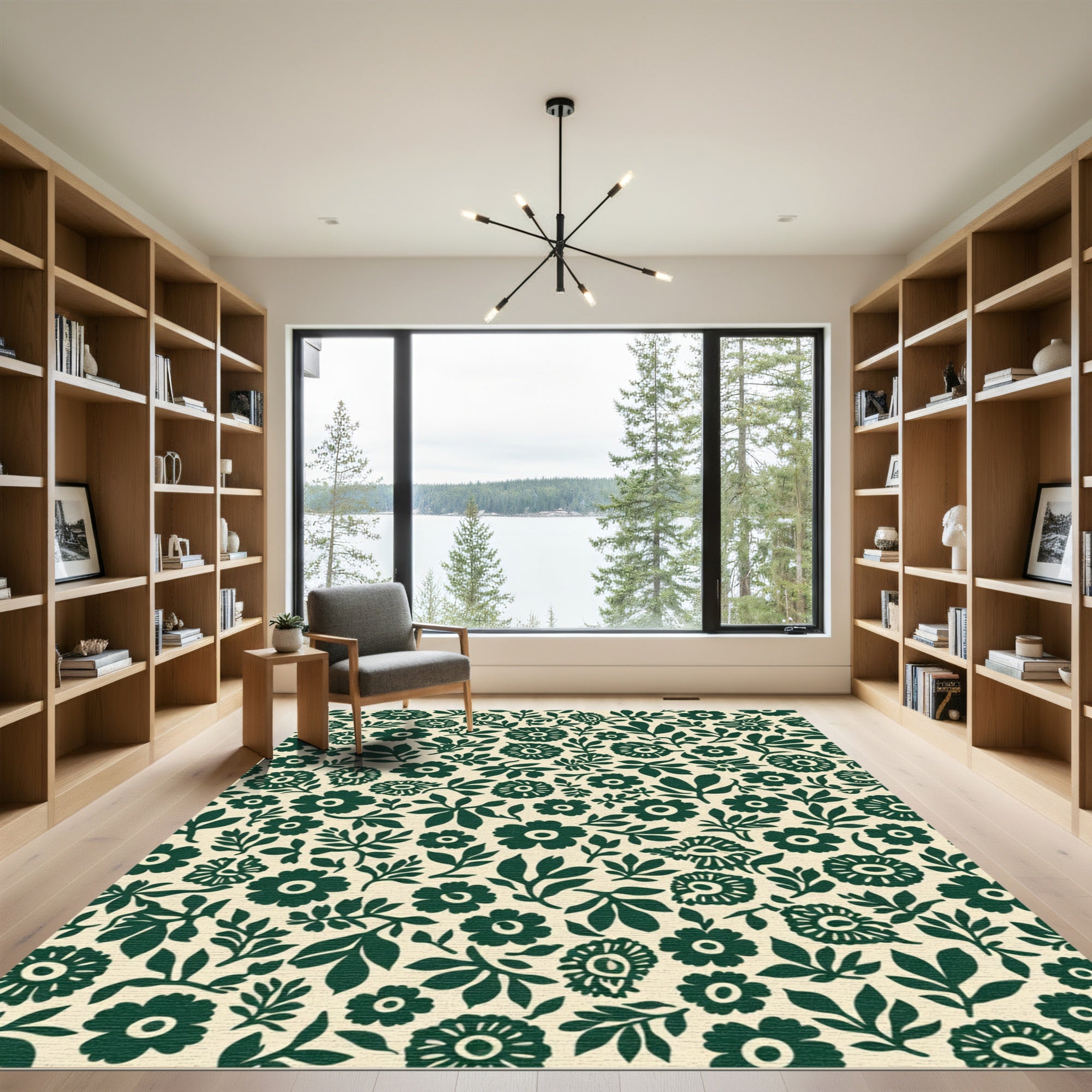 Dark Green Floral Garden Cream Rug