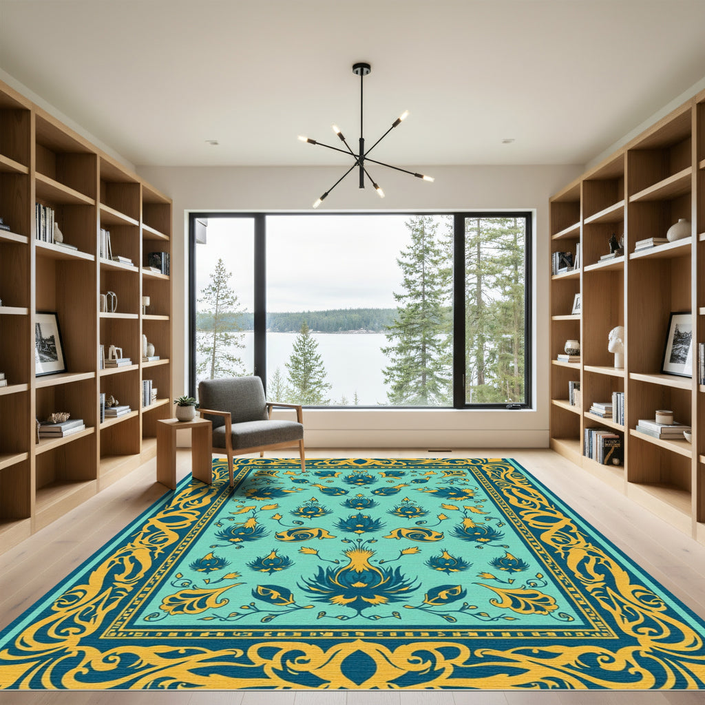Teal Gold Floral Vine Border Rug