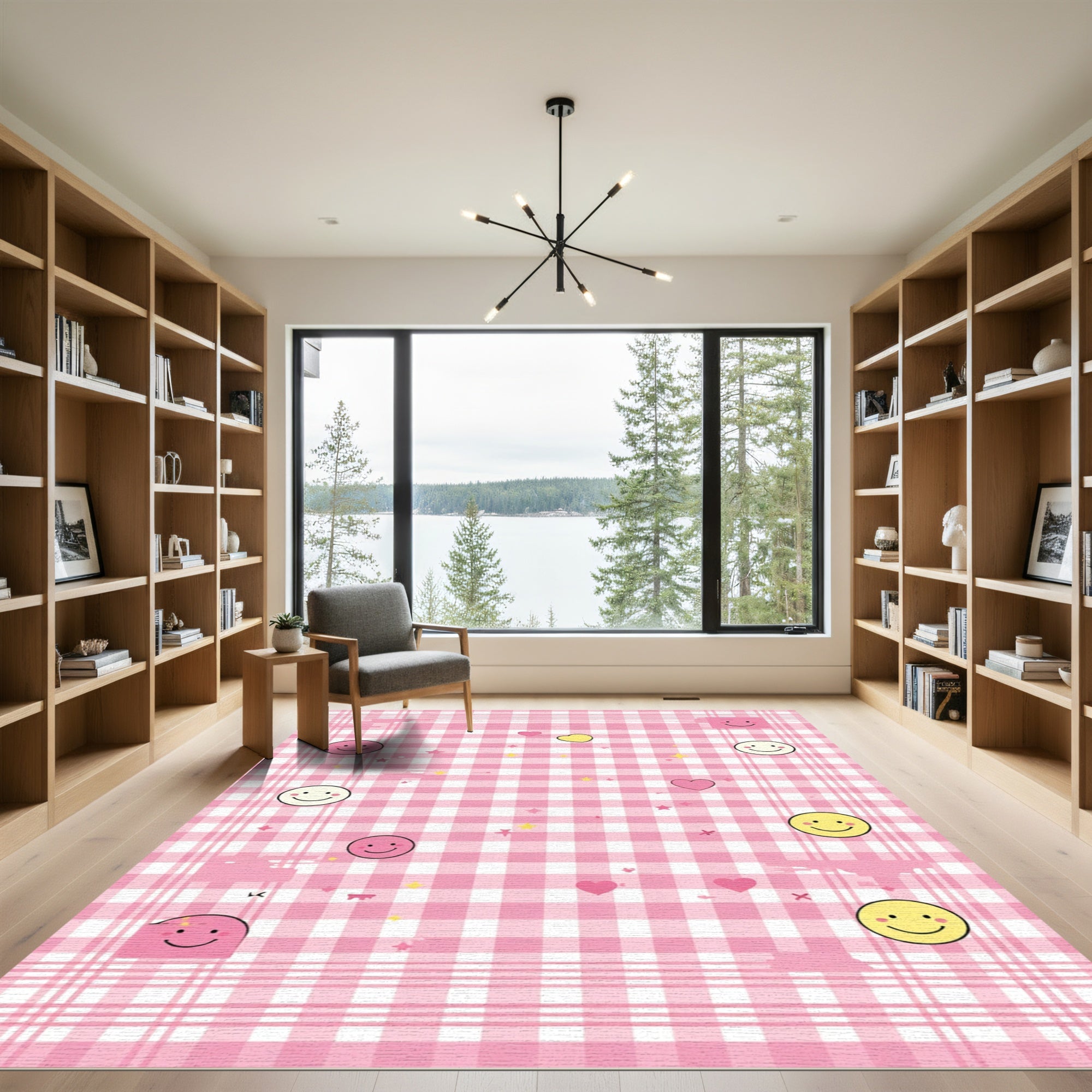 Pink Gingham Smiley Hearts Stars Rug