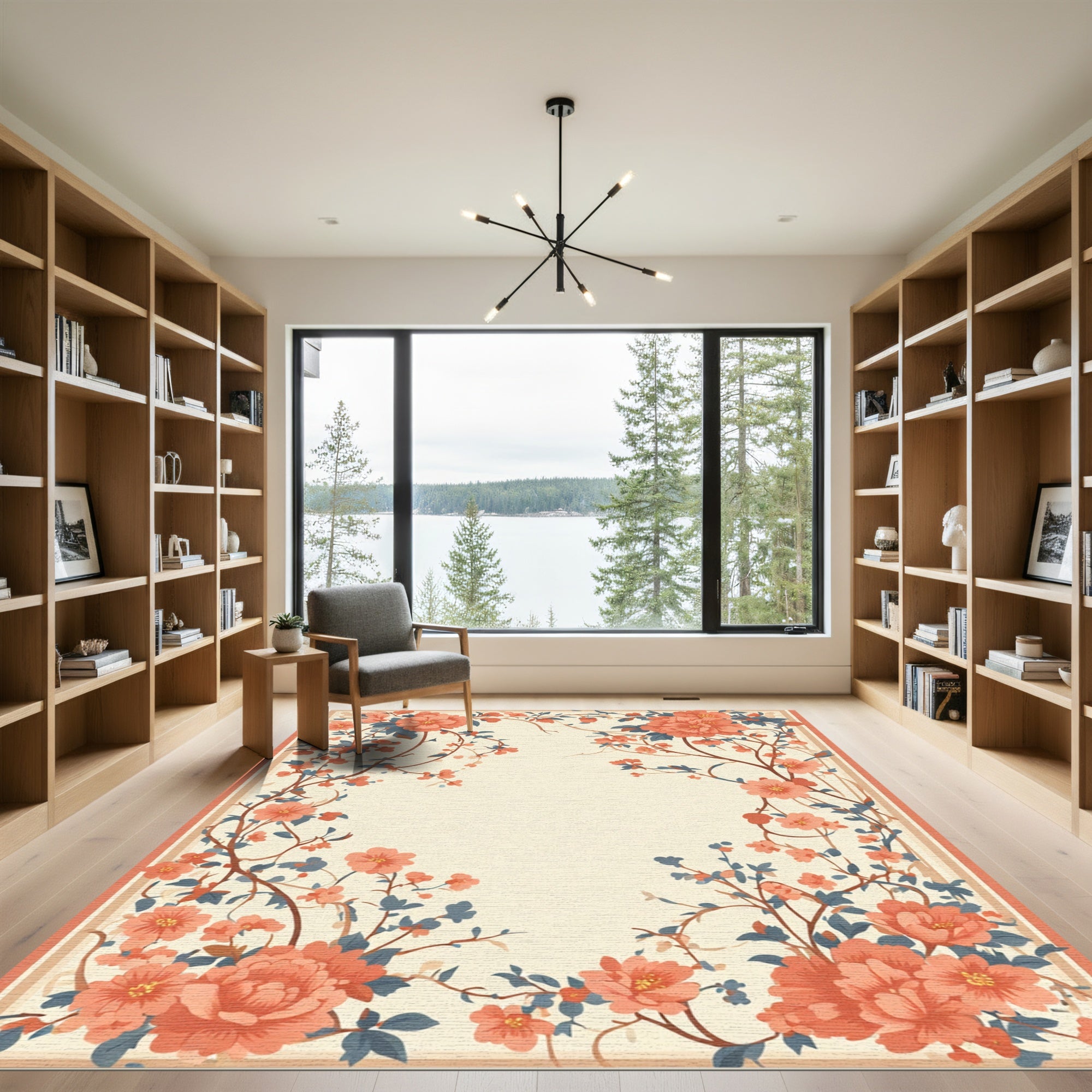 Coral Peony Garden Floral Vines Rug