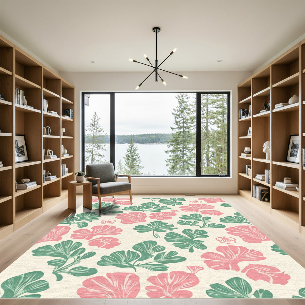 Pink Green Floral Botanical Repeat Rug