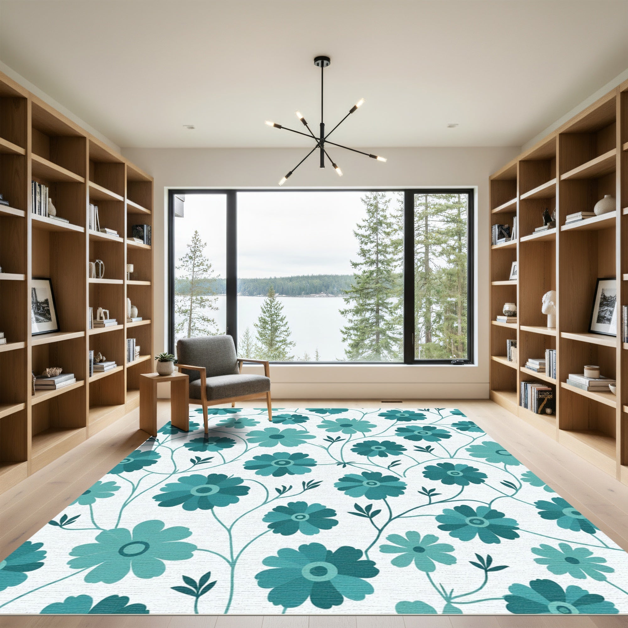 Teal Floral Vine Garden Rug