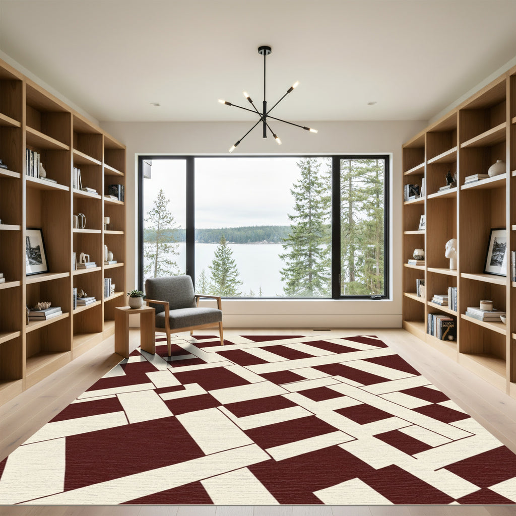 Deep Red Interlocking Geometric Blocks Rug