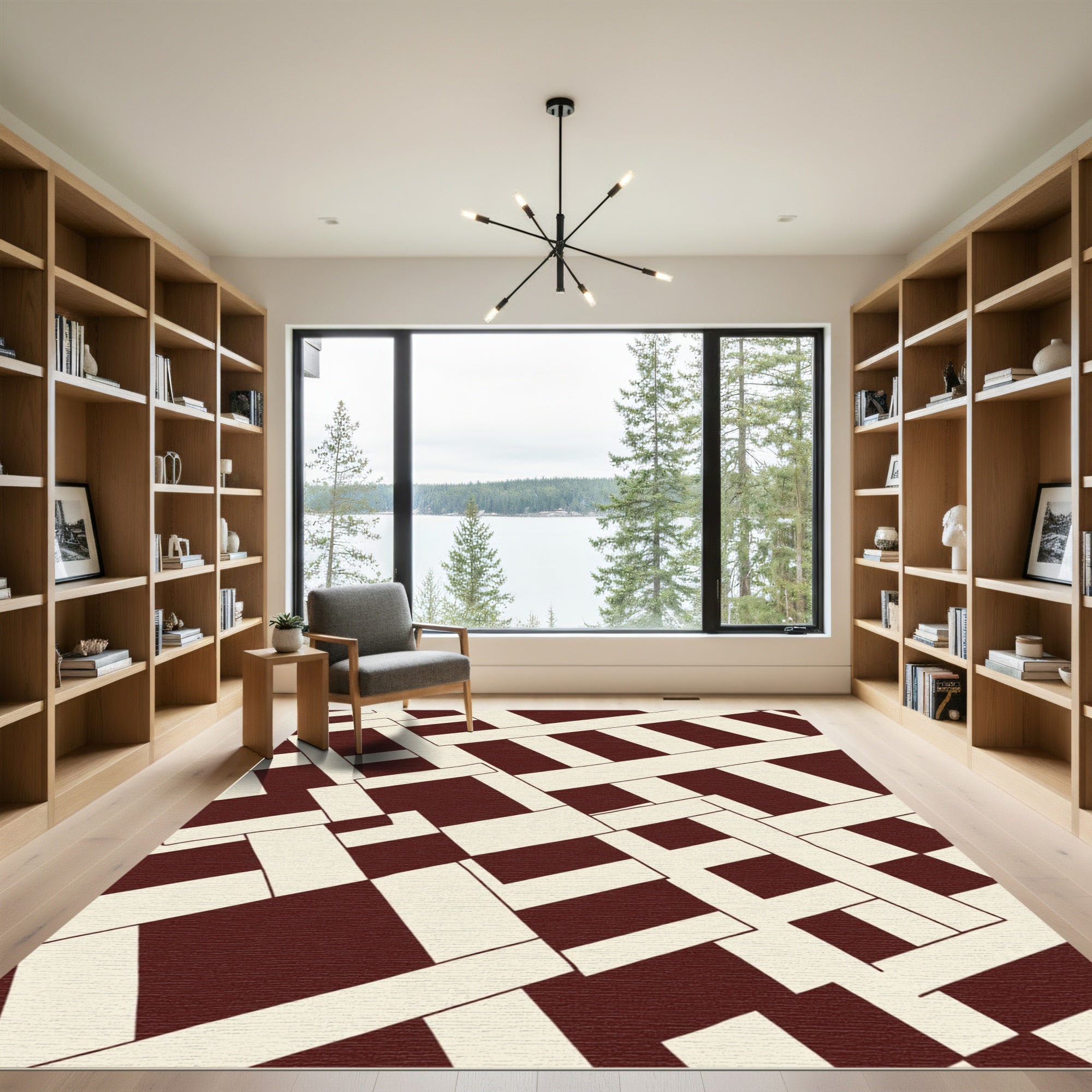 Deep Red Interlocking Geometric Blocks Rug