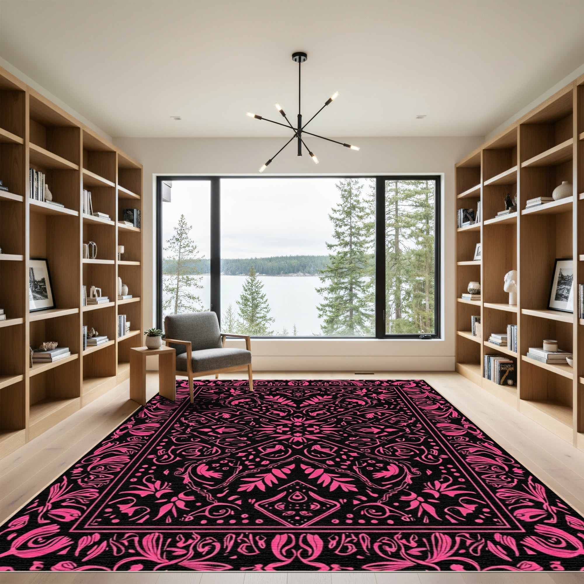 Vibrant Pink Floral Mandala Black Rug