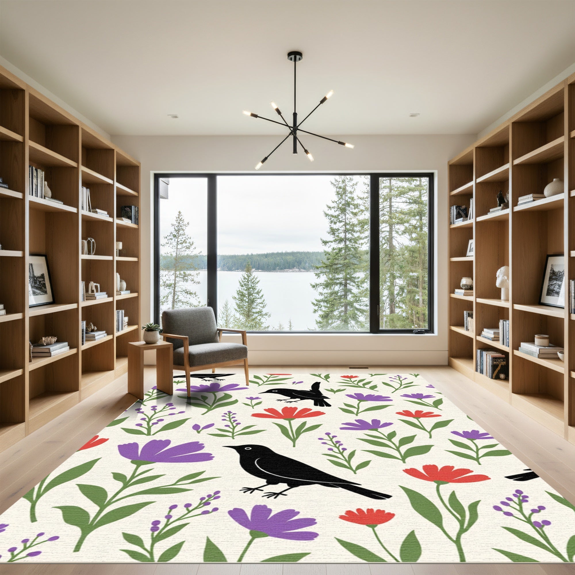 Black Birds Purple Floral Meadow Rug