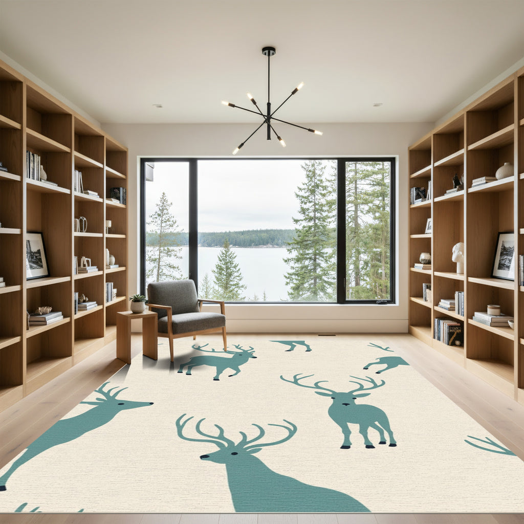 Teal Deer Silhouette Cream Background Rug
