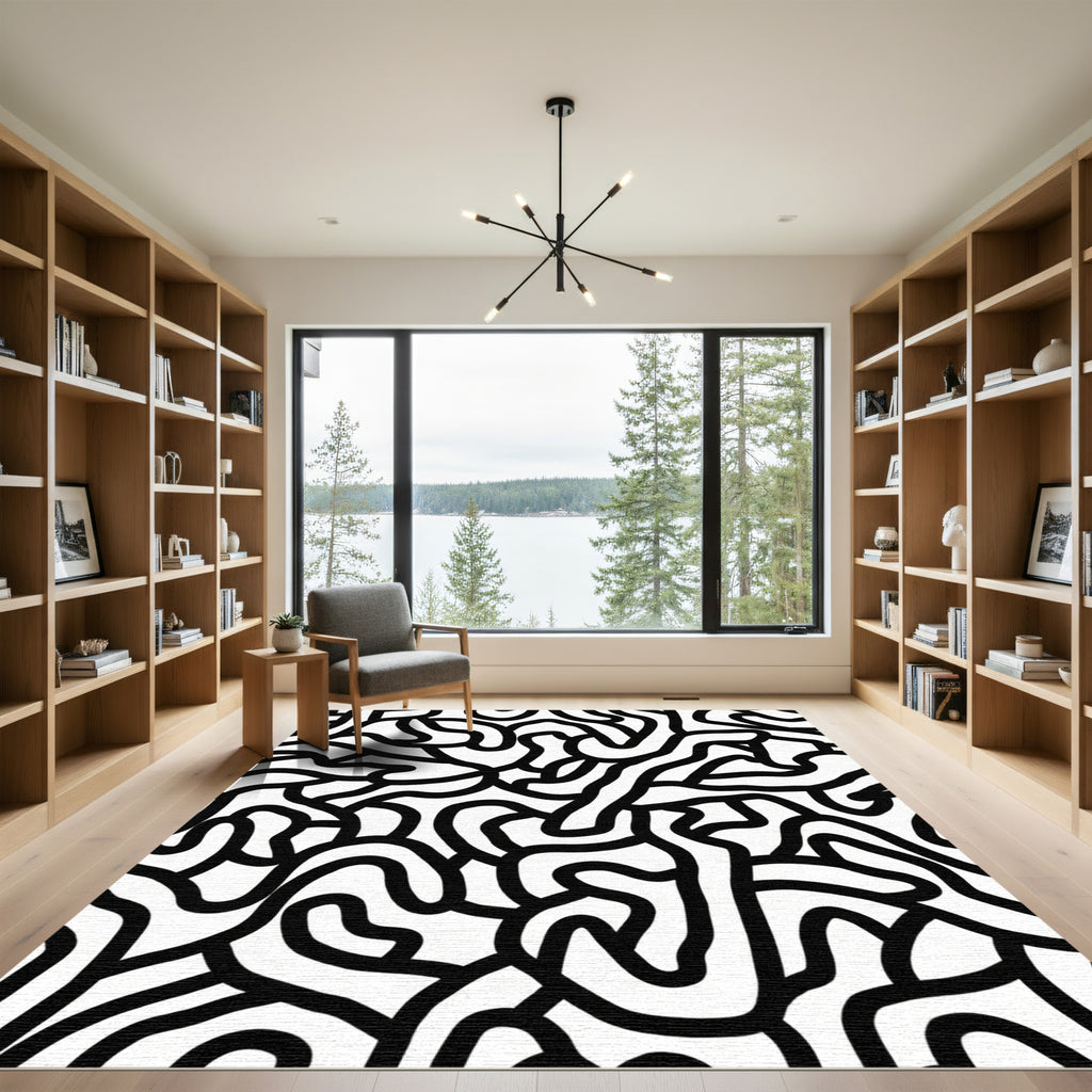 Bold Black White Abstract Flow Rug