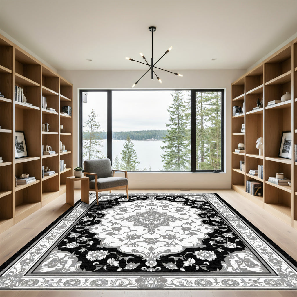 Monochromatic Floral Scroll Medallion Border Rug