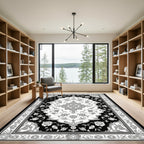 Monochromatic Floral Scroll Medallion Border Rug