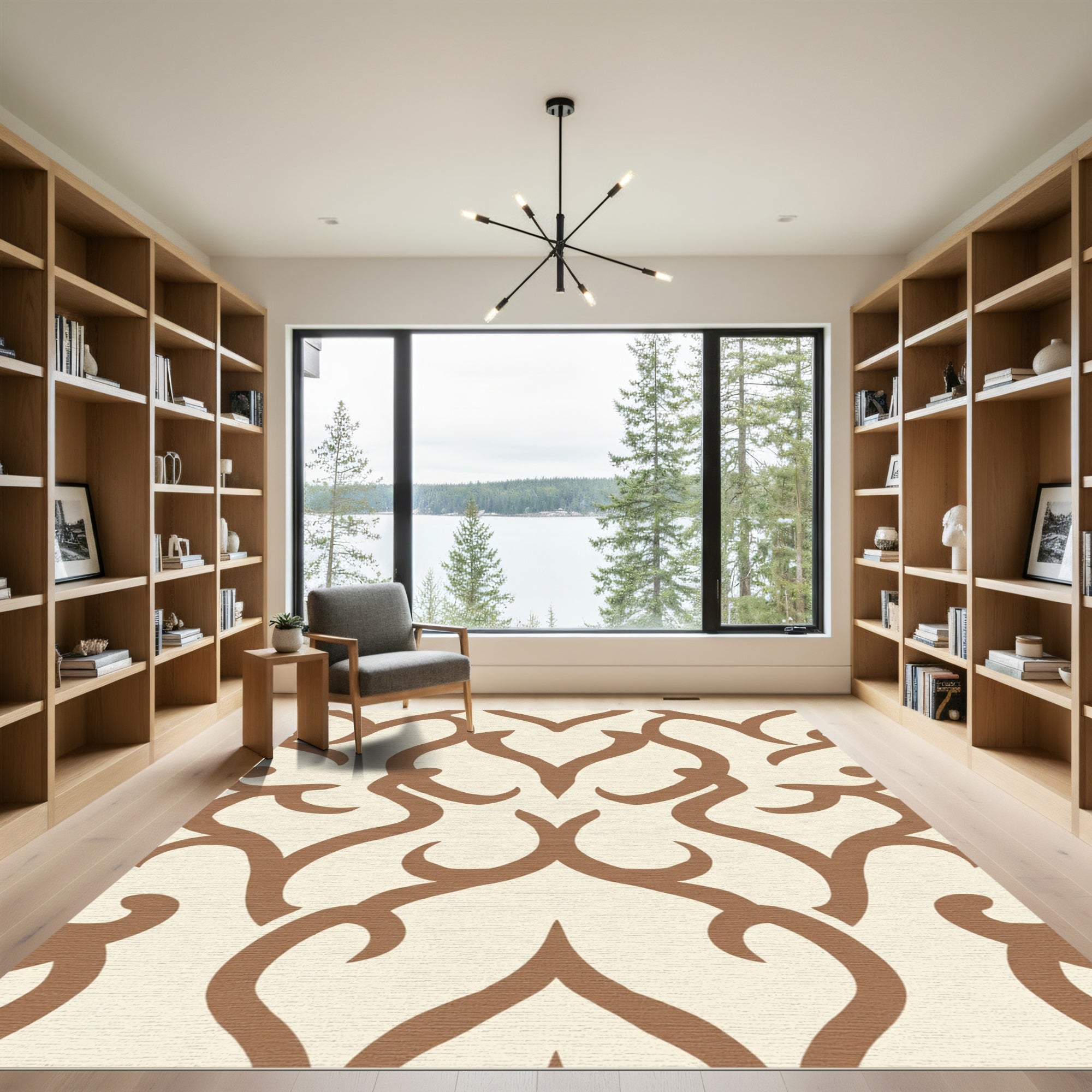 Cream Brown Baroque Scrollwork Rug